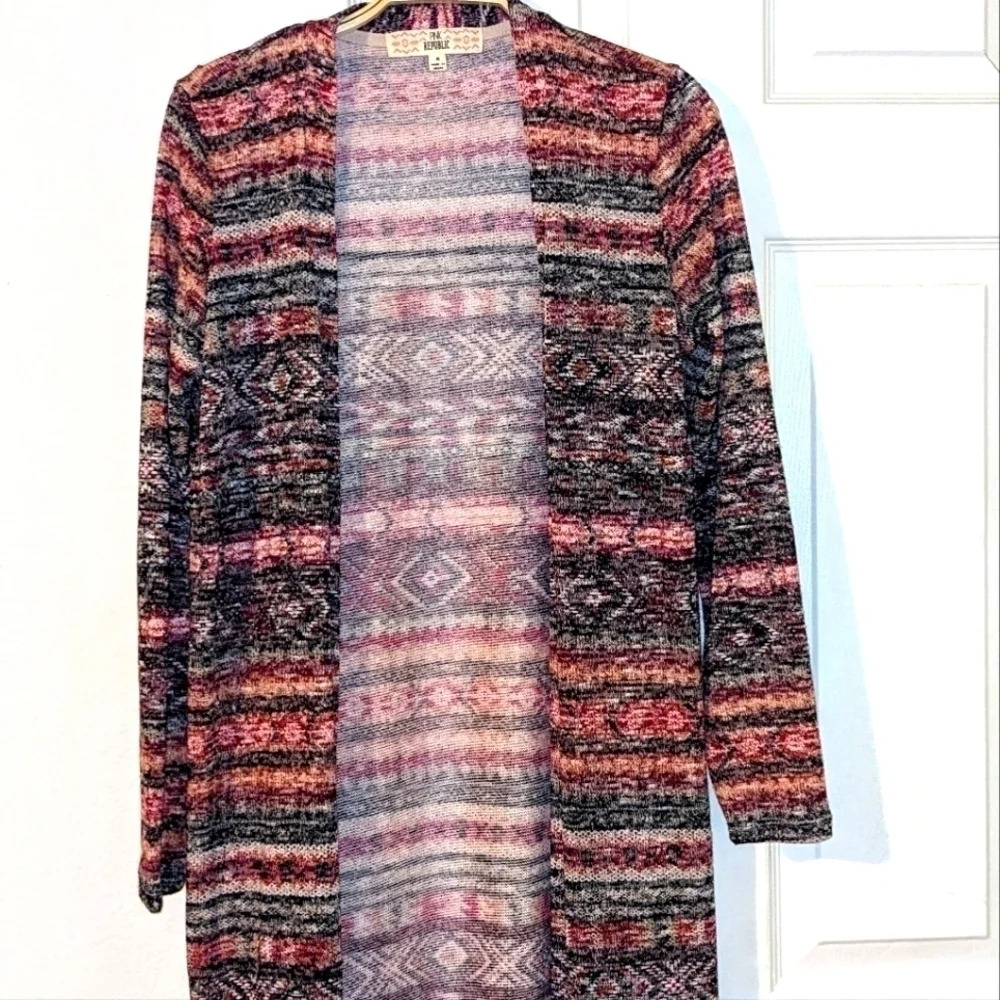 Pink Republic Open Front Cardigan M Multicolor Patterned Duster Knit